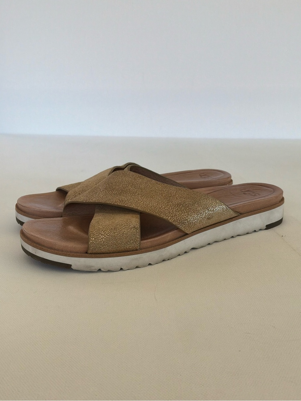 UGG Kari Metallic Gold Leather Slide Sandals Comfort Slides Size 8